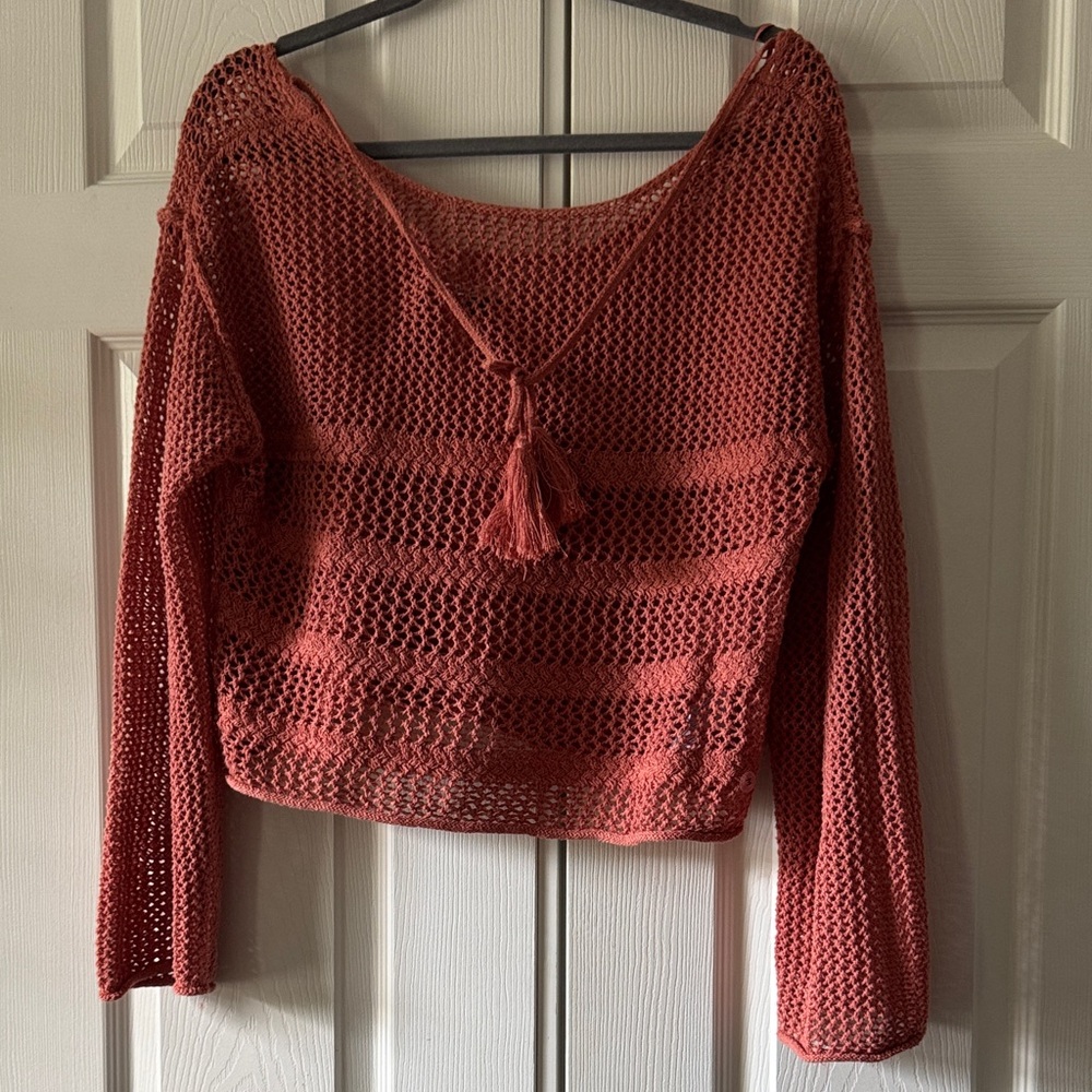American Eagle Knit Crochet Tie-Front Sweater Top in Rust